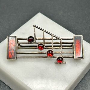 925 Sterling Silver Red Stone Musical Staff brooch Pin  #G014